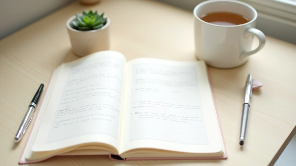 Open journal with reflections and tea on wooden table in morning light